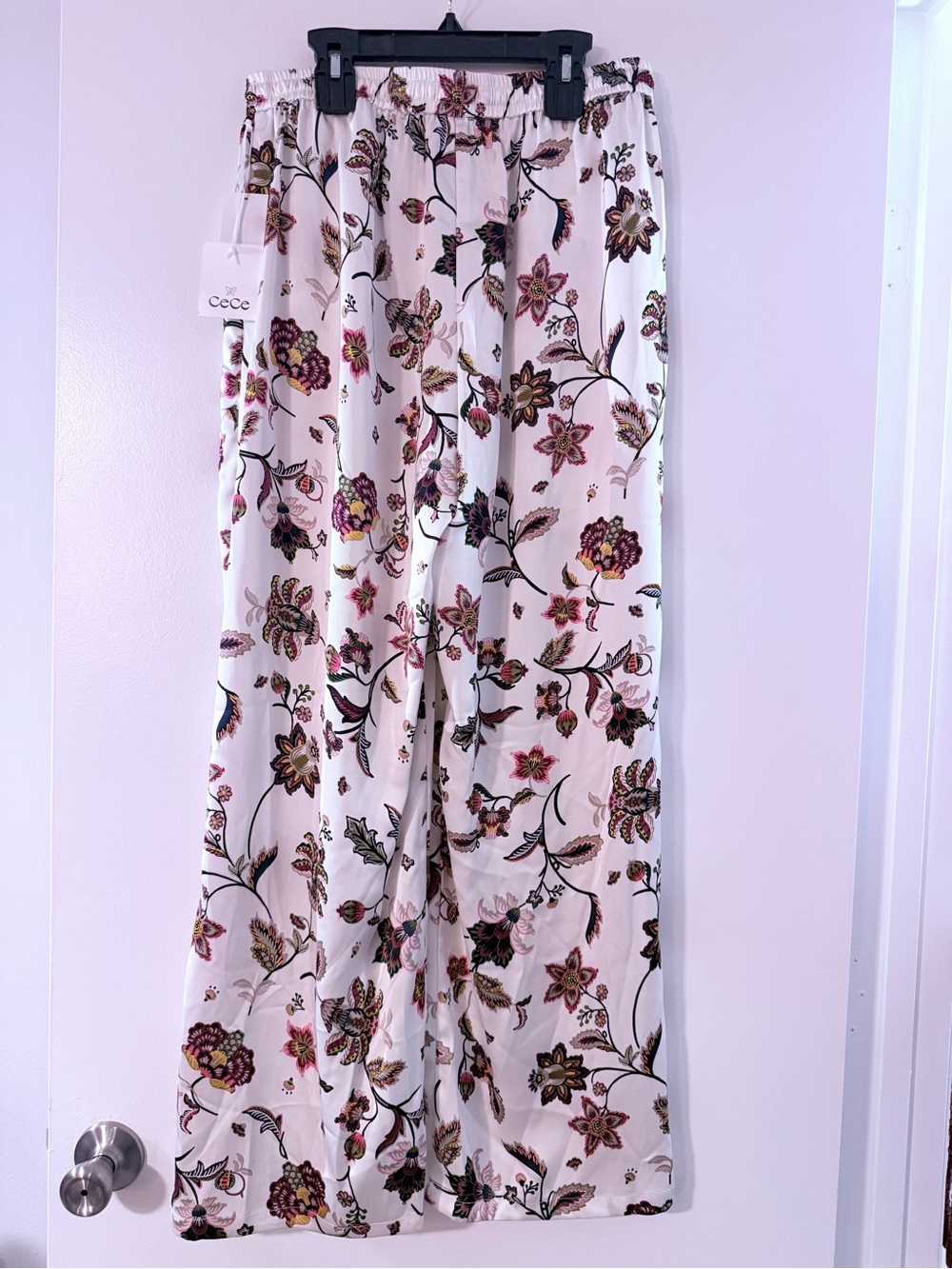 CeCe Cream Wide-Leg Floral Pants with Rich Burgundy, Gold & Green Print Size S